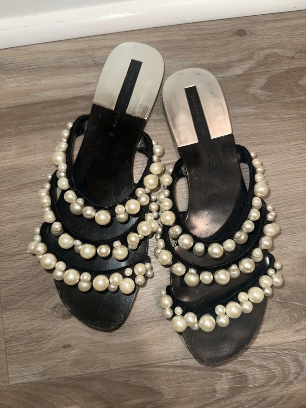 Zara Black Slide Sandals with Pearl Straps